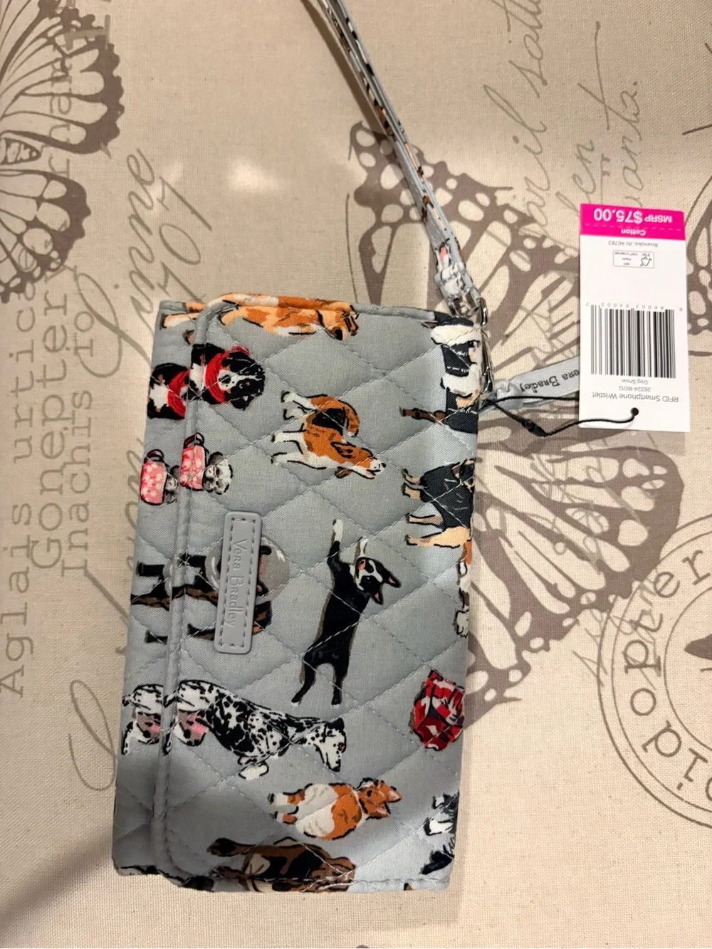 Vera Bradley Light Gray Quilted Dog Print Wristlet